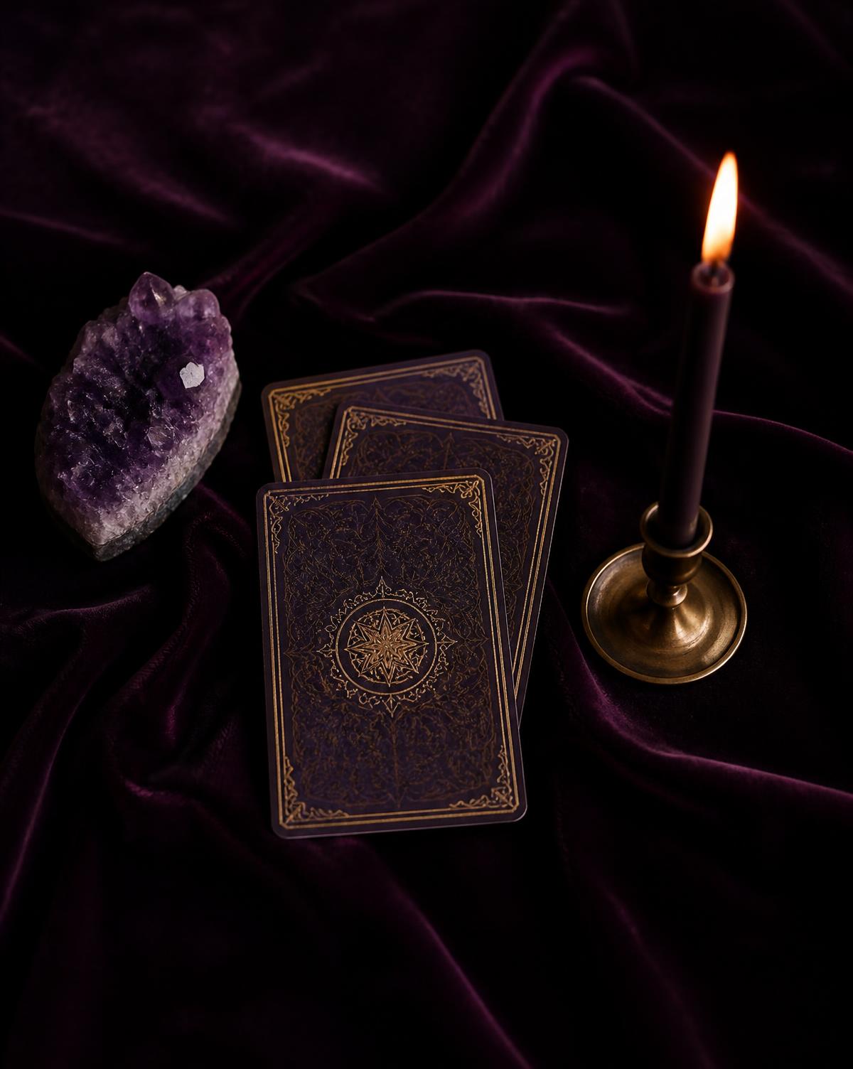 Cartas de Tarot y amatista sobre terciopelo violeta — consultas de Tarot en Montevideo